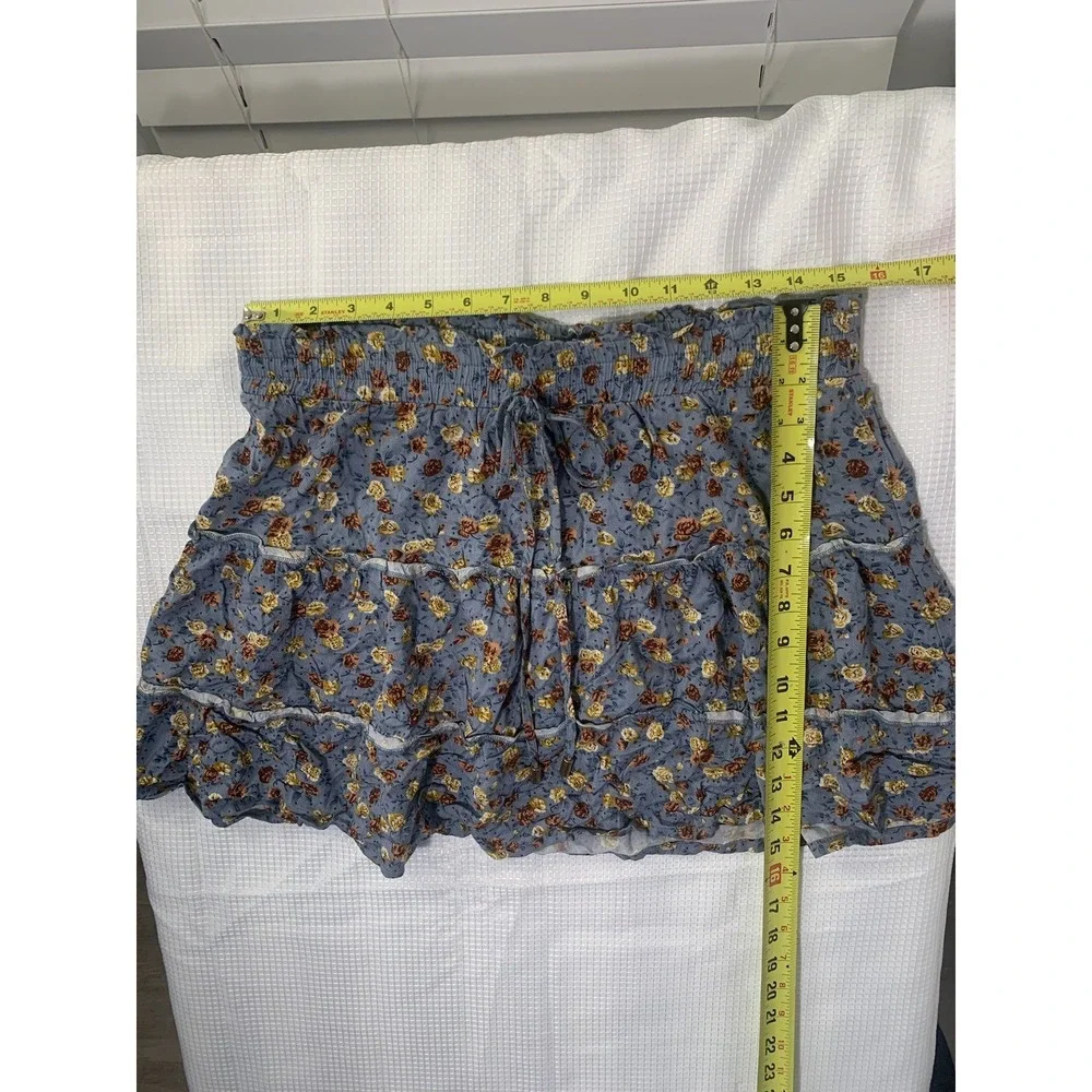 (B-68)Indigo Rein XL Floral Mini Skirt‎ Blue Tiered Boho Elastic Waist